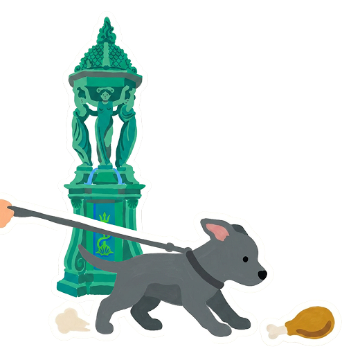 Illustration d'un chien parisien tirant pour manger un os de poulet sur le sol