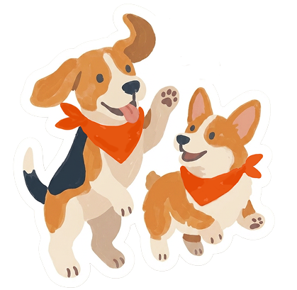 Illustration d'un beagle et d'un corgi portant un bandana orange