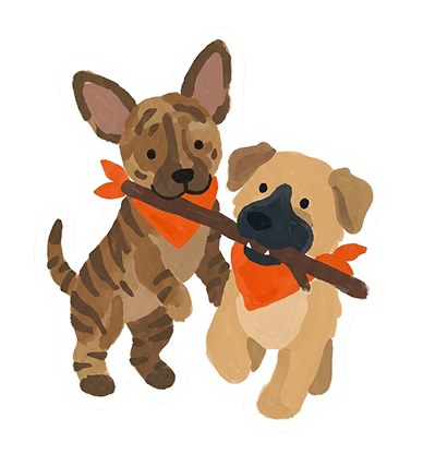 Illustration de deux chiens jouant avec un bâton