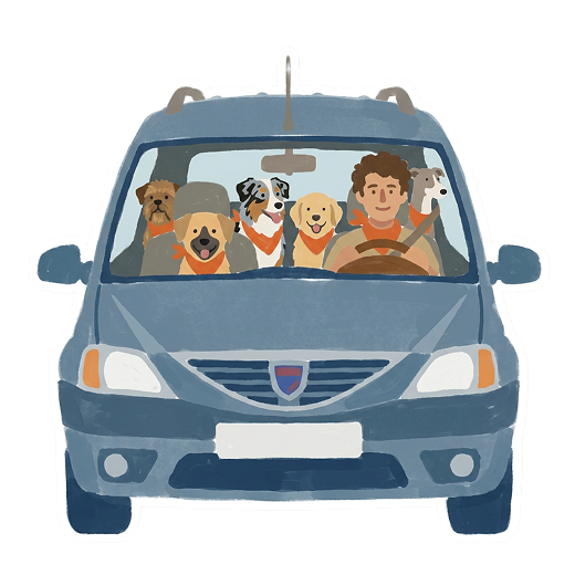Illustration du Van Toutou Crew avec les chiens à bord prêt à partir en forêt